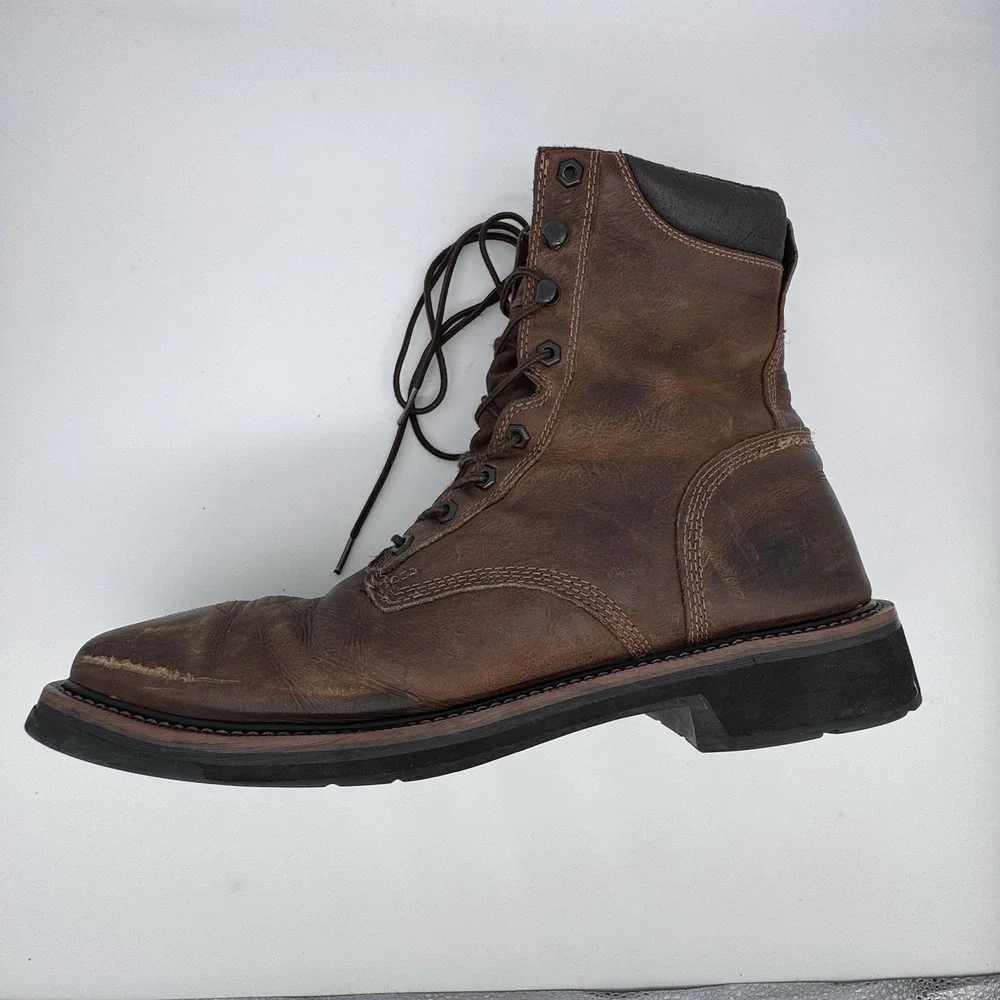 Justin Mens Steel Toe Work‎ Boot Size 13D Brown Stampede Square Leather WK682